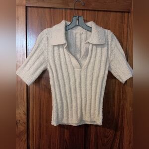Soft Knit V-Neck Collared Sweater - Cream